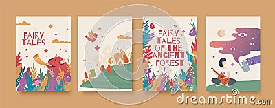 Set of illustrations for the book of fairy tales about the ancient forest. Vector Illustration