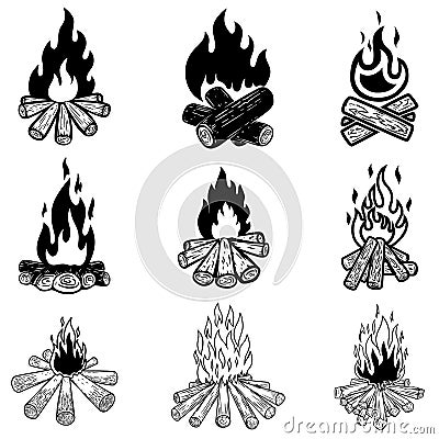 Set of illustrations of campfire. Design element for logo, label, sign, poster. Vector Illustration