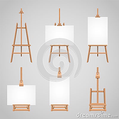 Set illustrations of canvases standing on wooden easels Vector Illustration