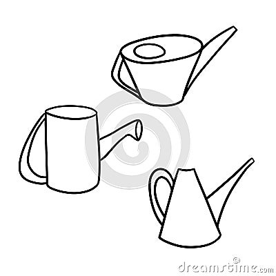 A set of illustrations for coloring books, cartoon watering cans for watering plants, housework and gardening. Vector Vector Illustration