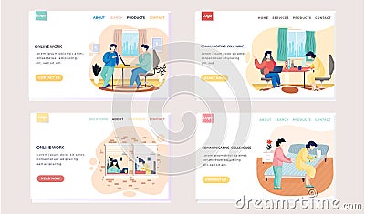 Set of illustrations about communication of colleagues during break. Website landing page template Vector Illustration