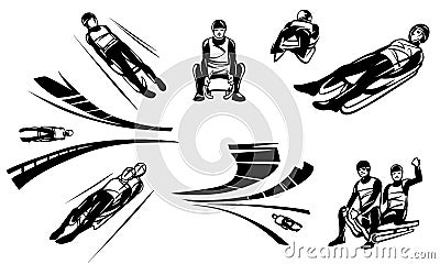 Set of illustrations of competitions in Luge sledging. Vector Illustration