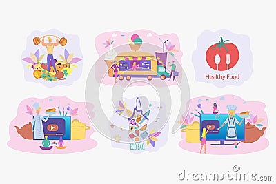 Set of 6 illustrations. The concept of a healthy diet and refusal of fast food. Logo. Gourmet blogs, the personal blog of a Cartoon Illustration