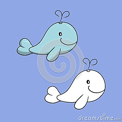 A set of illustrations, a cute character, a large light blue whale, sea life, a vector in cartoon Vector Illustration