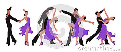 A set of illustrations, dancing couples, a man in black and a woman in a purple dress. Poster, print, postcard Vector Illustration
