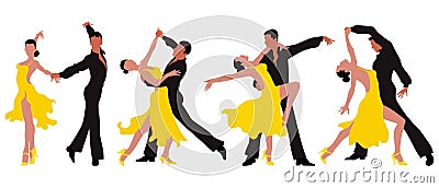 A set of illustrations, dancing couples, a man in black and a woman in a yellow dress in elegant poses. Poster, print Vector Illustration