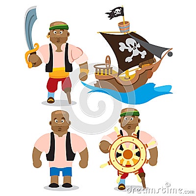 Set of illustrations depicting an African man and a pirate ship. The one-legged sailor at the helm with a sword and a strong man Cartoon Illustration
