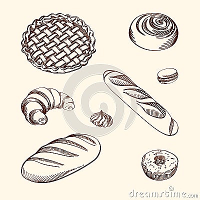 Set of illustrations - different kinds of cookies and cakes on a beige background. Cartoon Illustration