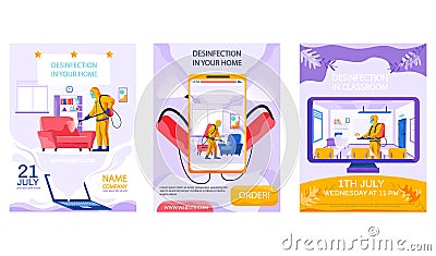Set of illustrations about disinfection of premises and providing disinfecting sanitary services Vector Illustration