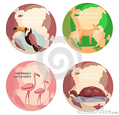 Set of illustrations about Earth habitats, plants and wildlife on planet. World animal day banner Vector Illustration