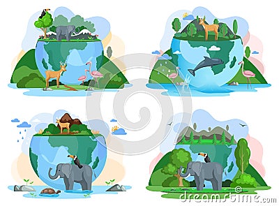 Set of illustrations about Earth habitats, plants and wildlife on planet. World animal day banner Vector Illustration