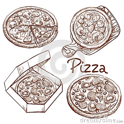 Set of illustrations whole pizza and slice, pizza on a wooden board, pizza in a box for delivery. Cartoon Illustration