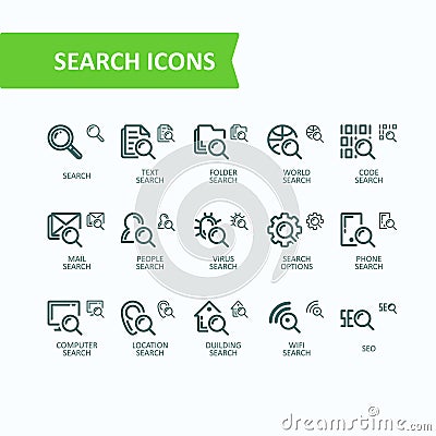Set of illustrations fine line icons of analysis, search of information. Pixel perfect Cartoon Illustration