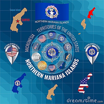 Set of illustrations of flag, contour map, money, icons of COMMONWEALTH OF NORTHERN MARIANA ISLANDS. Travel concept Vector Illustration