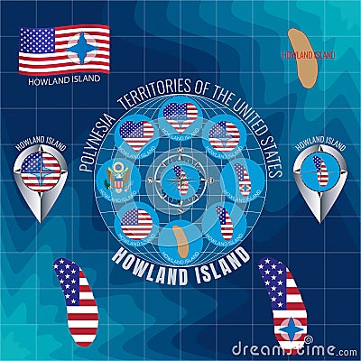 Set of illustrations of flag, contour map, money, icons of HOWLAND ISLAND. Territories of the United States. Travel concept Vector Illustration