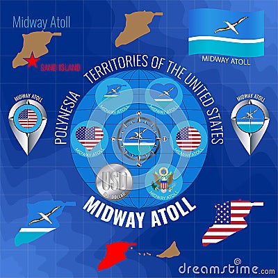 Set of illustrations of flag, contour map, money, icons of MIDWAY ATOLL. Travel concept Vector Illustration