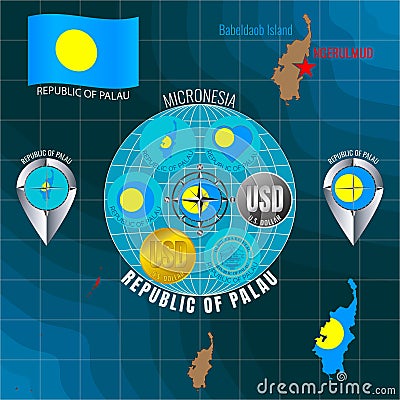 Set of illustrations of flag, outline map, icons of REPUBLIC OF PALAU. Travel concept Vector Illustration