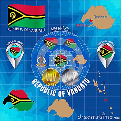 Set of illustrations of flag, outline map, Vanuatu icons. Travel concept Vector Illustration