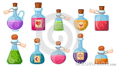 Set of illustrations of flasks with potions Vector Illustration