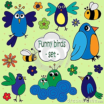 A set of illustrations of funny birds with flowers and bees. Vector Illustration