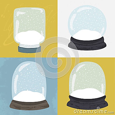 Set of 4 illustrations with hand drawn snow globe. Vector Illustration