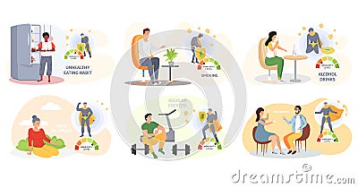 Set of illustrations about sports, proper nutrition and habits. . Changes in immunity levels Vector Illustration
