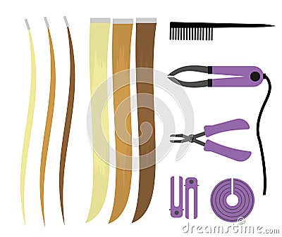 Set of illustrations of icons of hair extensions. Hairdresser tools for the procedure. Overhead curls Vector Illustration