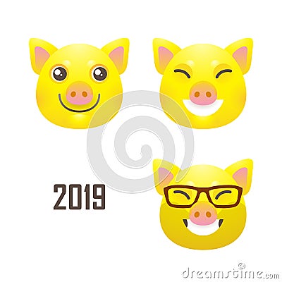 Set with a illustrations of kawaii pig, symbol of 2019. Vector Illustration