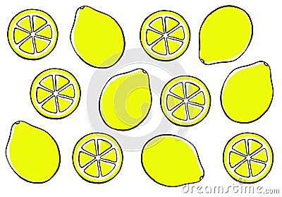 Set of illustrations of lemons. Whole and slices in rings. Black outline, yellow fill. Printmaking style. Cartoon Illustration