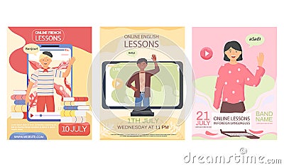 Set of illustrations about lesson of communication with representatives of different countries Vector Illustration