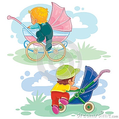 Set illustrations of little kids and baby carriage, stroller Vector Illustration