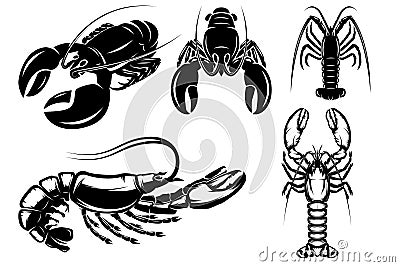 Set of Illustrations of lobster, crawfish in monochrome style. Design element for logo, label, sign, emblem, poster Vector Illustration