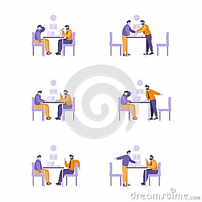 Set of illustrations - 2 man sitting at desk in various poses. Argue, chat, negotitations, talk. Meeting between Vector Illustration