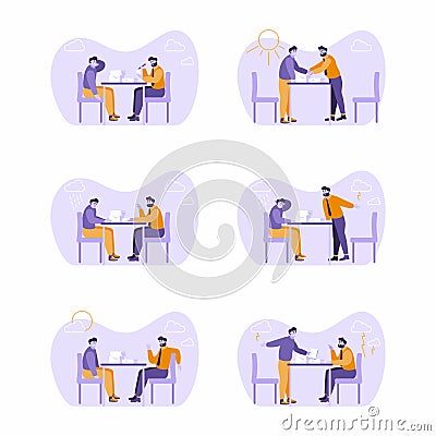 Set of illustrations - 2 man sitting at desk in various poses. Argue, chat, negotitations, talk. Meeting between business men. Cartoon Illustration