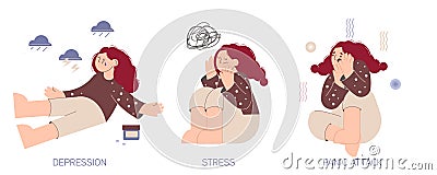 Set of illustrations of mental states. Depression, stress, panic attack. Mental health concept. Psychology Vector Illustration