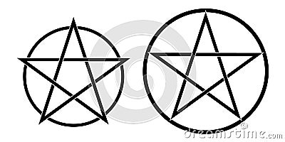 Set illustrations of a pentagram, a five-pointed star in a circle. Satanism or astrology sign, isolated on white background, Vector Illustration