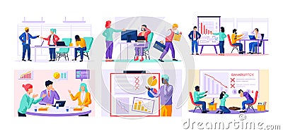 Set of illustrations about people during company ruin, business failure and finance crisis Vector Illustration