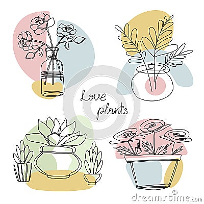 A set of illustrations, plants are drawn with one line. Vector Illustration