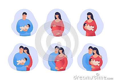 Set of illustrations about pregnancy and motherhood. Concept illustration. Parents with a child, mother and father are waiting for Cartoon Illustration