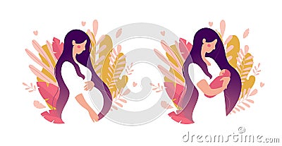 Set of illustrations about pregnancy and motherhood. Pregnant woman with tummy on a background of leaves. Girl with a Vector Illustration