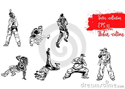 Set of illustrations with representatives of Urban Culture. Breakdancers, rapers and graffiti artists. Extreme theme modern print. Cartoon Illustration