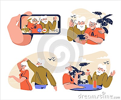 A set of illustrations about the romantic getaway of the elderly. Vector illustration in cartoon style isolated on white Vector Illustration