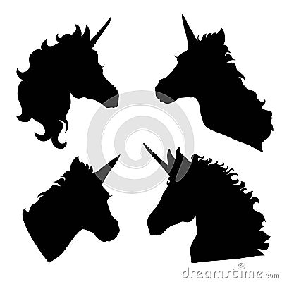 A set of illustrations of silhouettes of unicorns in different poses. Vector Illustration