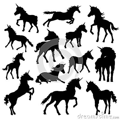 A set of illustrations of silhouettes of unicorns in different poses. Vector Illustration