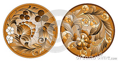Stained glass illustration with abstract flowers, berries and leaves, brown scale, Sepia Vector Illustration