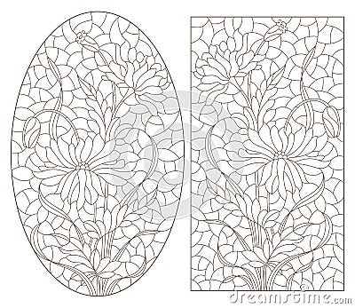 Contour set with illustrations in the stained glass style with bouquets of poppies, contoured flowers on a white background Vector Illustration