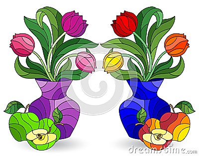 Stained glass illustration with floral still lifes, Tulips flowers in vases isolated on a white background Vector Illustration