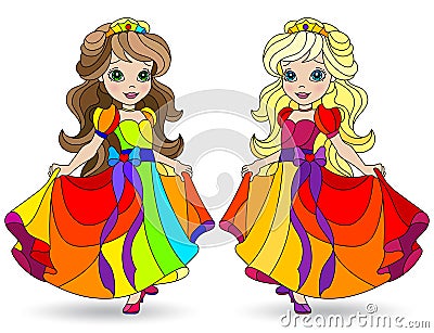 Stained glass illustration with Princess girls in bright dresses, isolated on a white background Vector Illustration