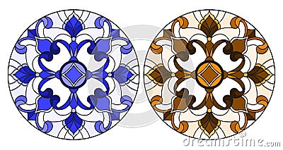 Stained glass illustration with round floral arrangements, blue and brown tone Vector Illustration