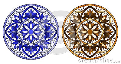 Stained glass illustration with round floral arrangements, blue and brown tone Vector Illustration